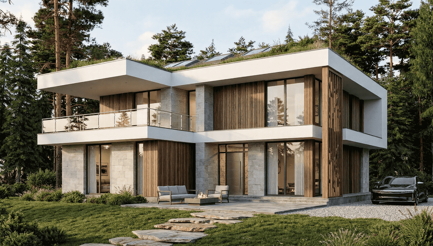 Fachada exterior de casa de madera para vivienda habitual construida por Veta en Zaragoza, con aislamiento térmico reforzado para el clima del valle del Ebro.